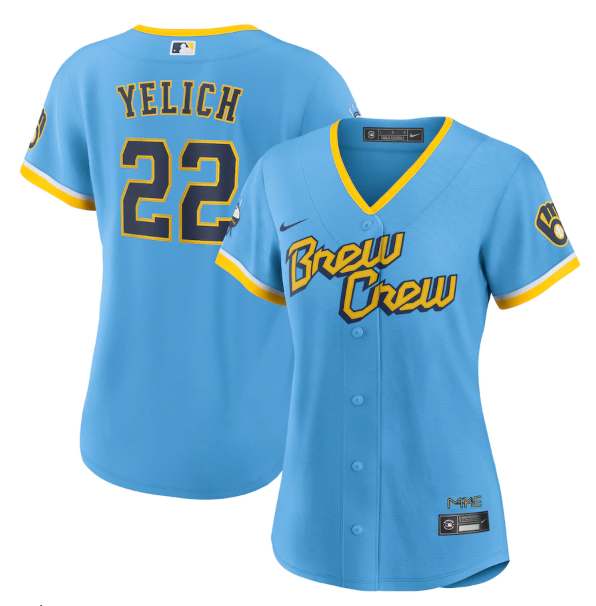 Women's Blue Milwaukee Brewers #22 Christian Yelich 2022 Powder City Connect Cool Base Stitched Jersey(Run Small)
